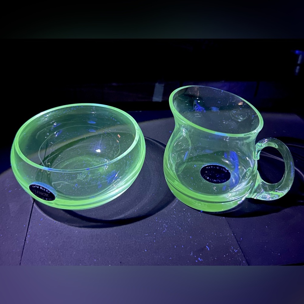 1970s Lenox Luxury Minimalist UV Reactive! Lead Crystal MCM Cream and Sugar Bowl